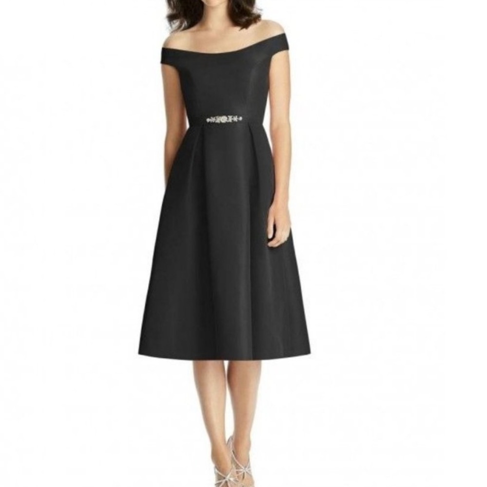 Jenny Packham Black Off-the-Shoulder Tea-Length Dress with Embellished Waist